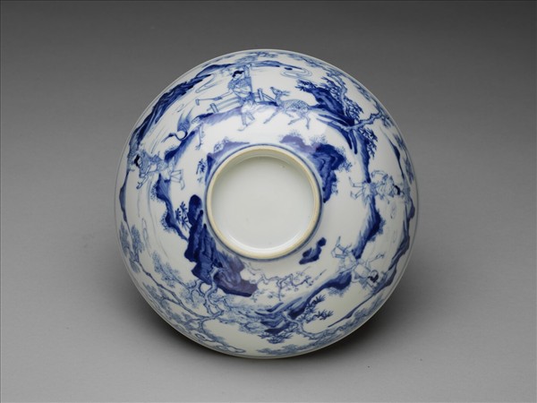 青花山水仕女圖碗