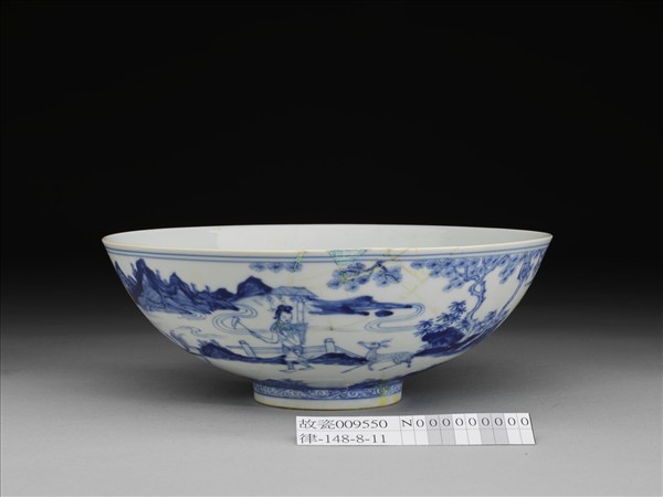 青花山水仕女圖碗