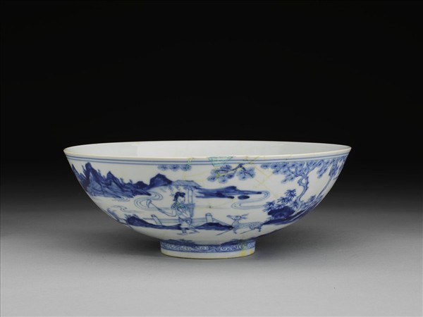 青花山水仕女圖碗