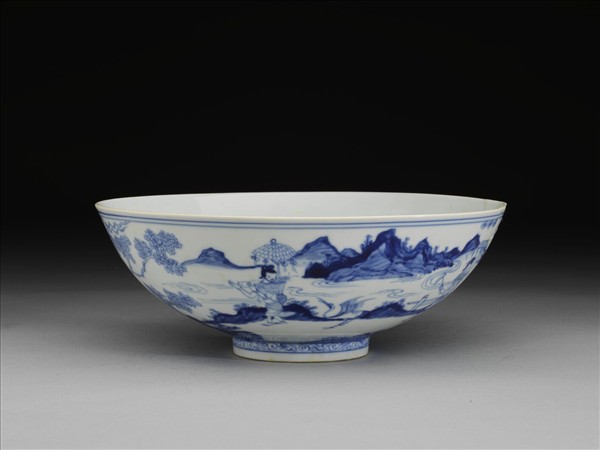 青花山水仕女圖碗