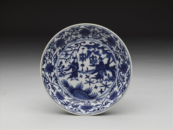 青花人物番蓮紋盤