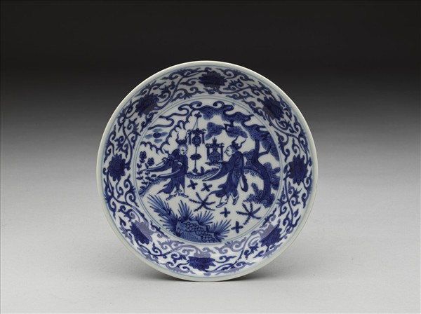 青花人物番蓮紋盤