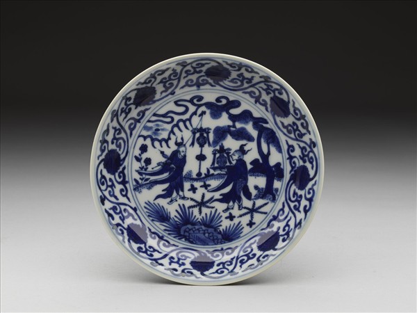 青花人物番蓮紋盤