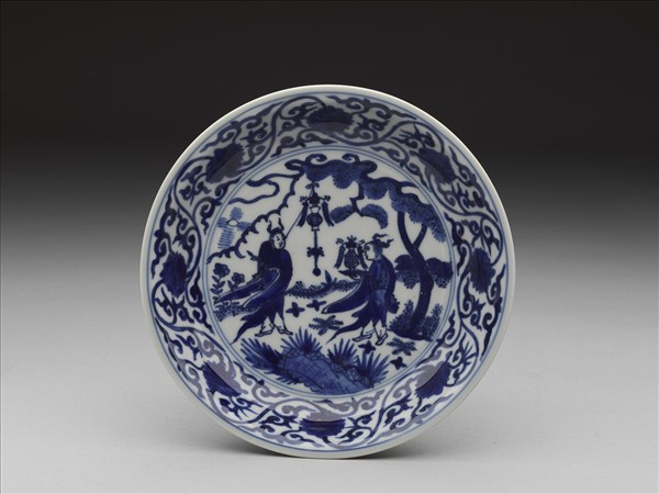 青花人物番蓮紋盤