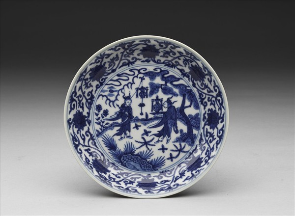 青花人物番蓮紋盤