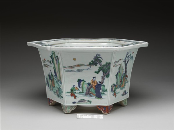 鬥彩山水人物圖六方花盆