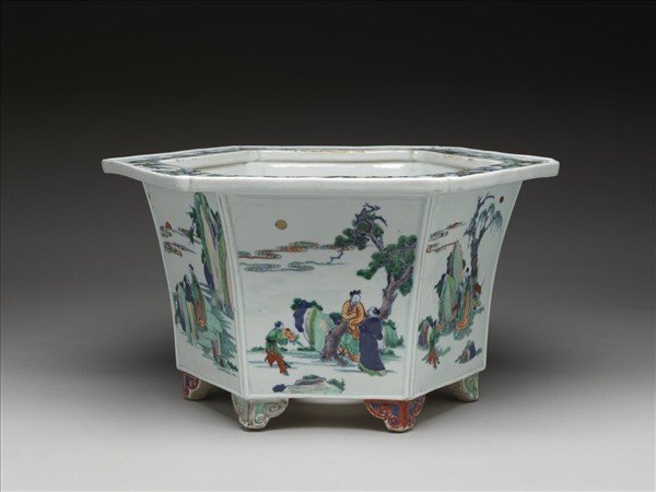 鬥彩山水人物圖六方花盆