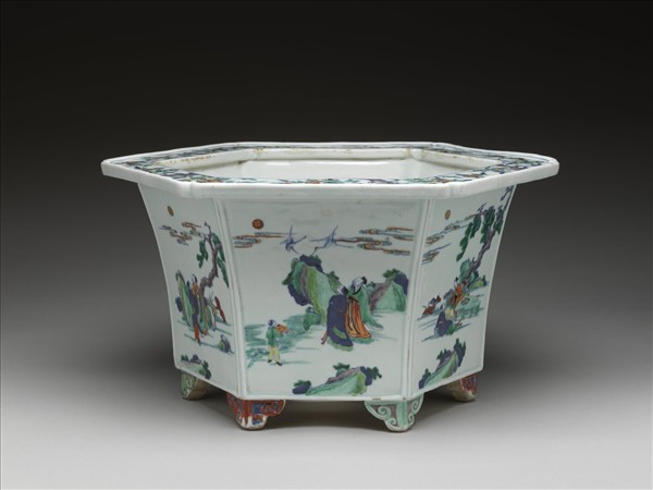 鬥彩山水人物圖六方花盆