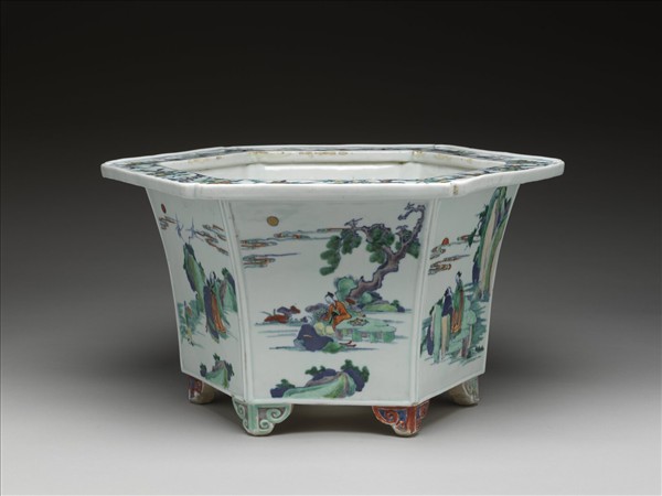 鬥彩山水人物圖六方花盆