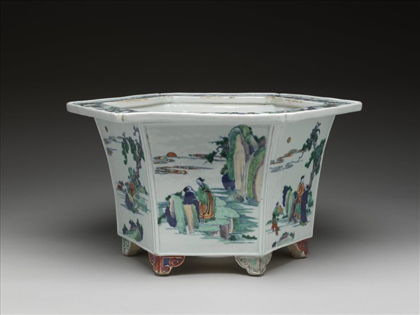 鬥彩山水人物圖六方花盆