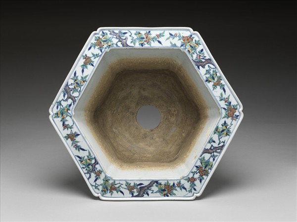 鬥彩山水人物圖六方花盆