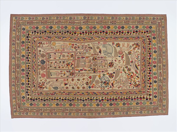 印度 白地人物刺繡被