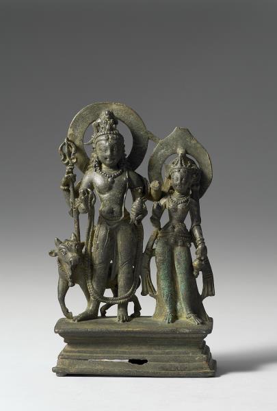 青銅鎏金烏瑪—大自在天及聖牛難提立像