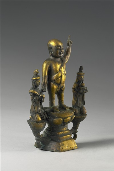韓國 朝鮮時代 銅鎏金 誕生佛三尊立像