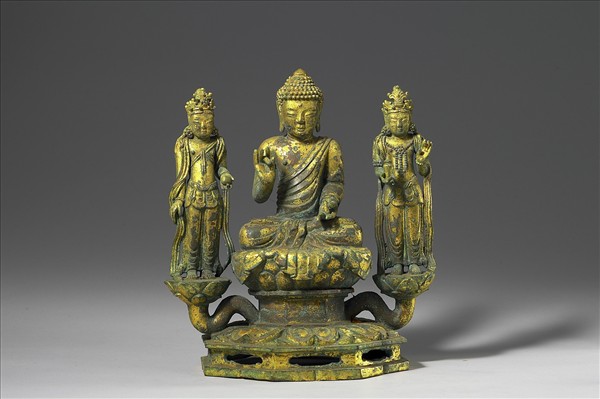 韓國 高麗時代 銅鎏金 坐佛三尊像