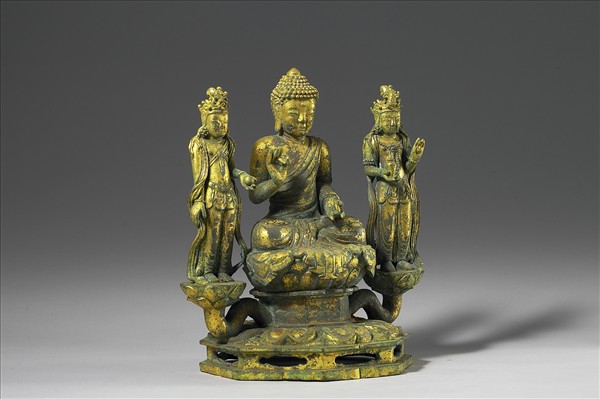 韓國 高麗時代 銅鎏金 坐佛三尊像