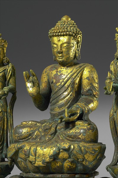 韓國 高麗時代 銅鎏金 坐佛三尊像