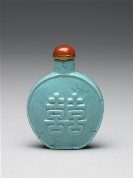 松綠石釉雙喜鼻煙壺