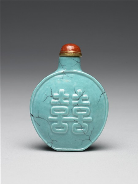 松綠石釉雙喜鼻煙壺