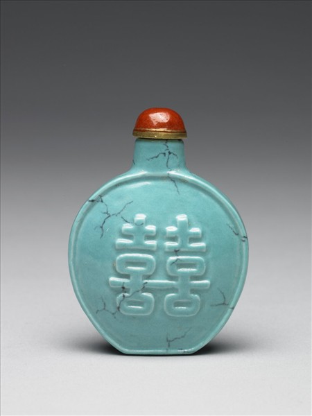 松綠石釉雙喜鼻煙壺