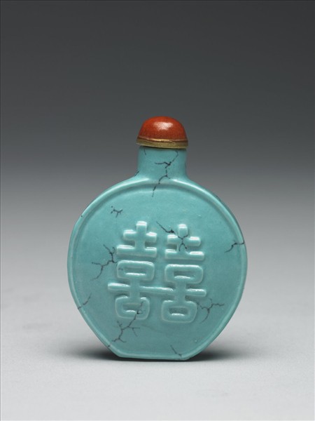 松綠石釉雙喜鼻煙壺