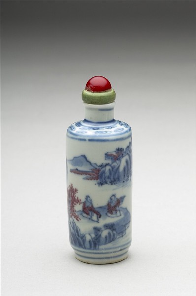 青花釉裡紅山水人物鼻煙壺
