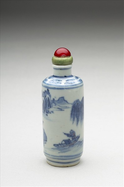 青花釉裡紅山水人物鼻煙壺