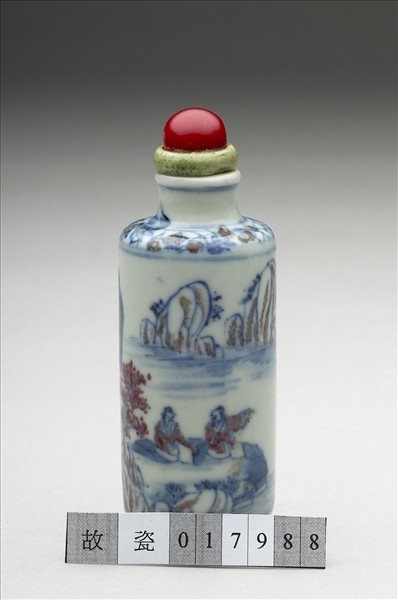 青花釉裡紅山水人物鼻煙壺