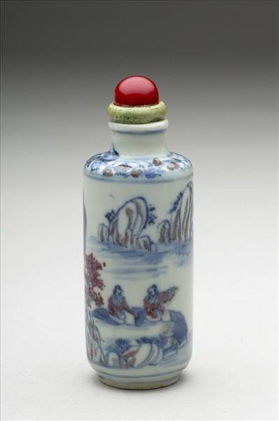 青花釉裡紅山水人物鼻煙壺