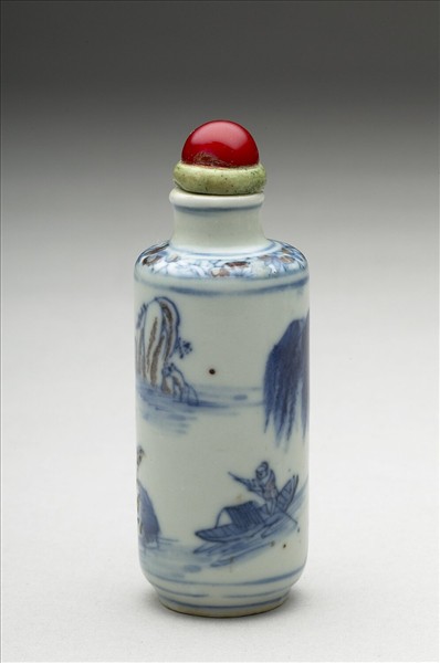 青花釉裡紅山水人物鼻煙壺