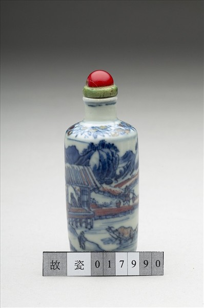 青花釉裡紅山水人物鼻煙壺