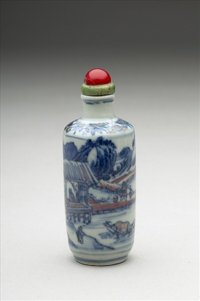 青花釉裡紅山水人物鼻煙壺