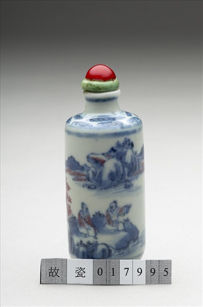 青花釉裡紅山水人物鼻煙壺