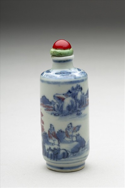 青花釉裡紅山水人物鼻煙壺
