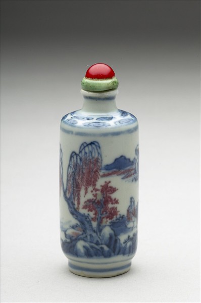 青花釉裡紅山水人物鼻煙壺