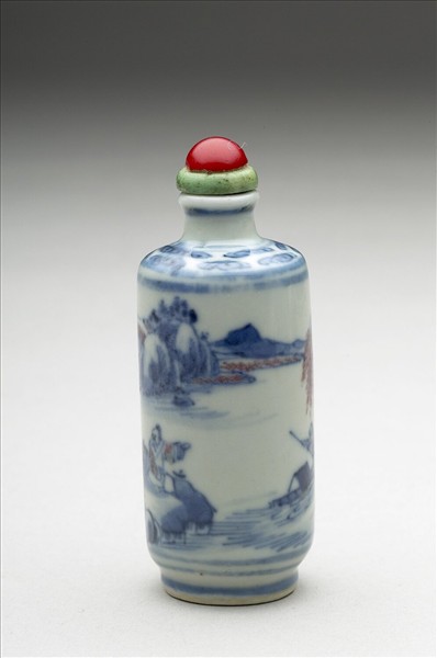 青花釉裡紅山水人物鼻煙壺