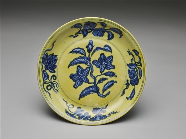 黃地青花花果盤