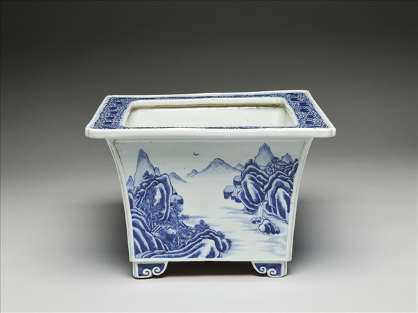青花山水圖四方花盆