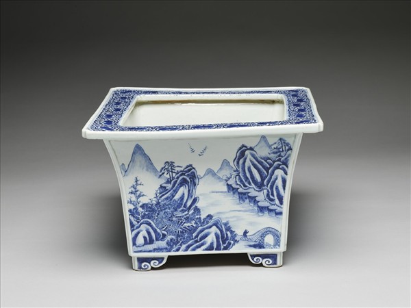 青花山水圖四方花盆