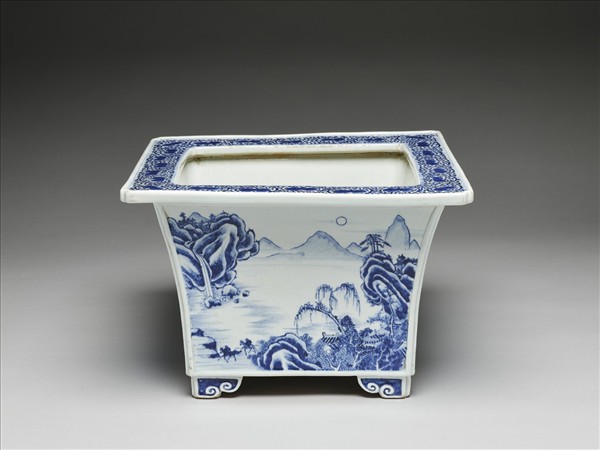 青花山水圖四方花盆
