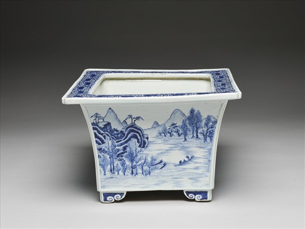 青花山水圖四方花盆