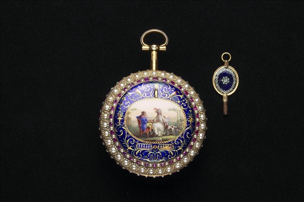 畫琺瑯風景人物圖鑲珠懷錶