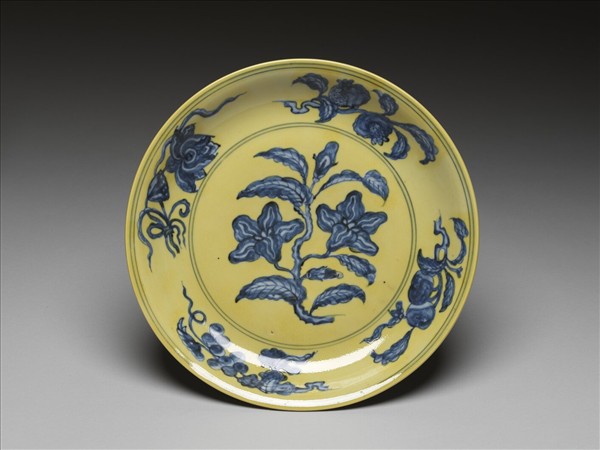 黃釉青花花果盤