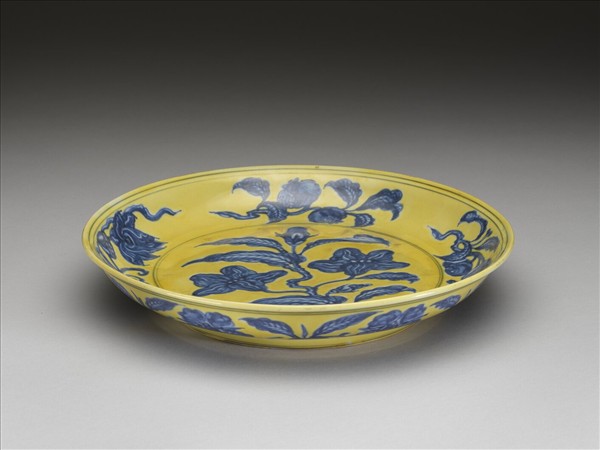 黃釉青花花果盤