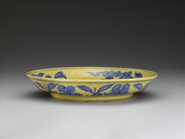 黃釉青花花果盤