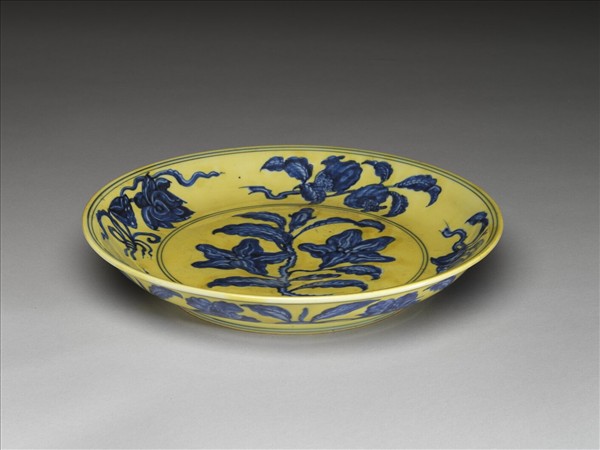 黃釉青花花果盤