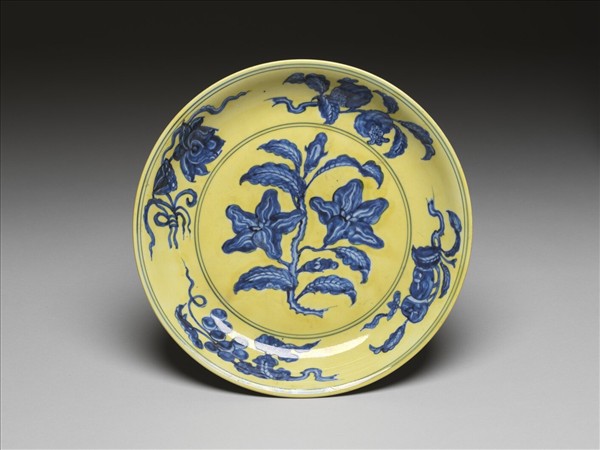 黃釉青花花果盤