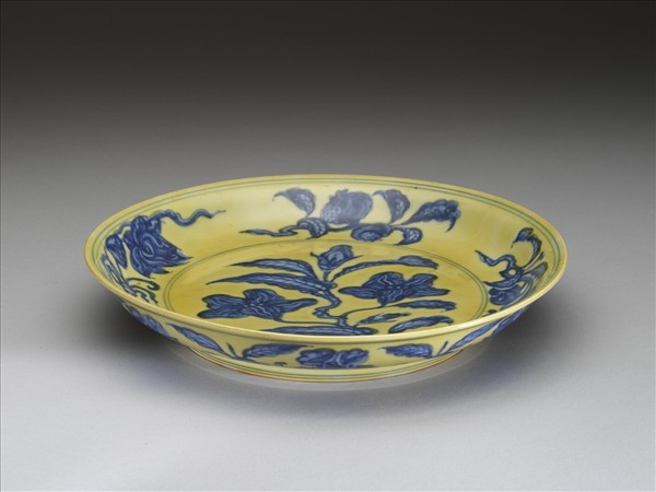 黃釉青花花果盤