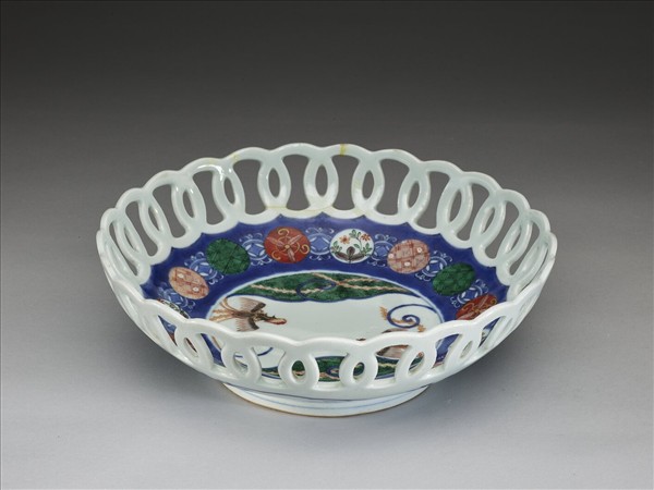 有田窯 青花五彩鳳凰紋鏤空盤