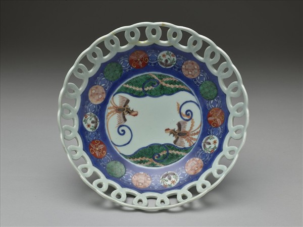 有田窯 青花五彩鳳凰紋鏤空盤